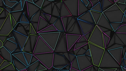 Abstract Dark Geometric Polygon Pattern with Colorful Neon Outlines and Shadows