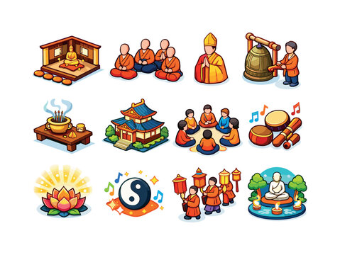 Temple Ceremony. Colorful isometric vector icons set of Temple Ceremony: temple chanting hall, group prayer chant, ceremonial robes figure,