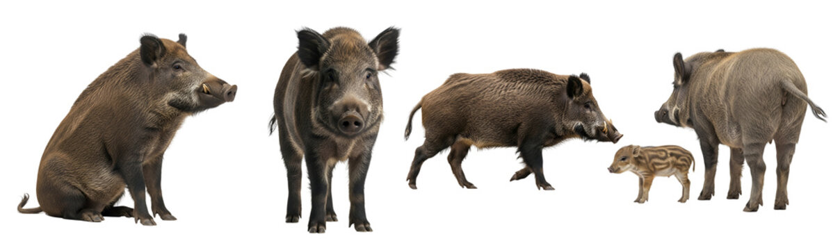 A group of wild boars standing together on transparent background