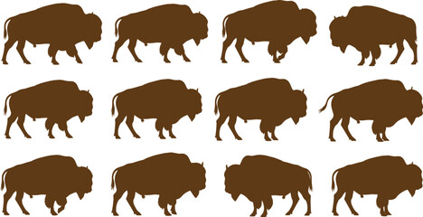 American bison silhouette collection in brown color featuring walking buffalo poses isolated on white background, wildlife animal vector set for nature design