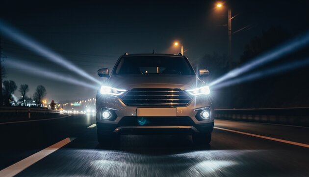 Car drives on highway at night with bright headlights shining in the darkness, showing urban lights in the distance and the road ahead