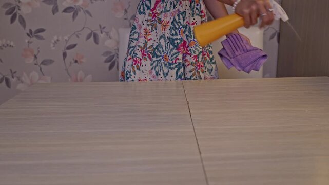 Close-up of a female cleaning a light wooden table surface with a spray cleaner and purple microfibre cloth, demonstrating effective household hygiene.