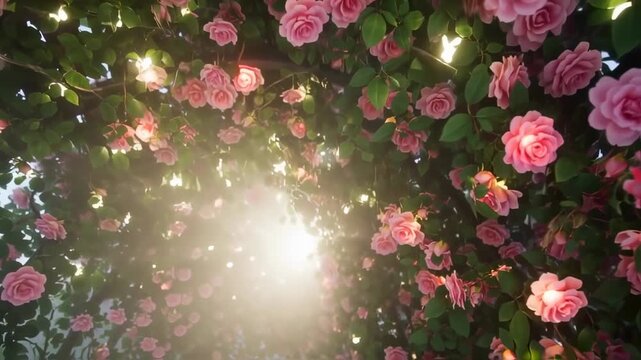 A profusion of vibrant pink roses, adorned with warm lighting, creates a dreamy garden scene