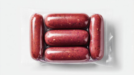 Pack of raw lamb sausages sealed in plastic packaging, isolated on white background, ideal for supermarket meat, food retail, and protein ingredient visuals.