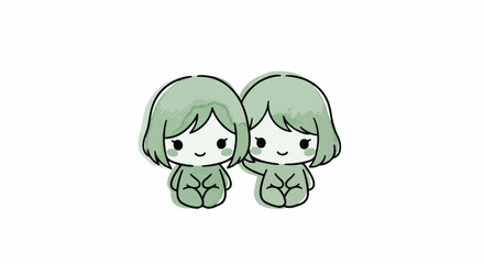 Naklejka premium Cute hand-drawn illustration of two adorable chibi-style figures, possibly twins or friends, with green hair, sitting together in a minimalist, sweet design, symbolizing companionship and innocence.