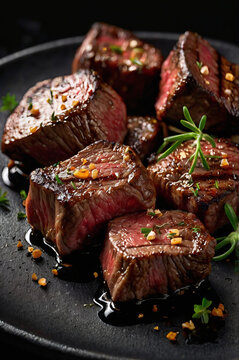 Tender bite-sized beef steak cubes garnished with cherry tomatoes and herbs on a dark plate