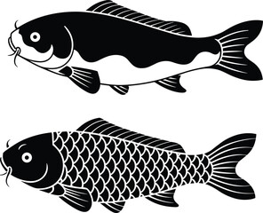 Black vector silhouette and detailed scale illustration of common carp and koi fish for fishing sport pond aquaculture seafood market and Japanese nature branding © Abida