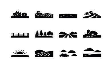 Naklejka premium Haying tractor. Solid icon set of farm field scenes: open pasture, hay rows, mowed grass, dusty trail, fence line, tree line, farm road,