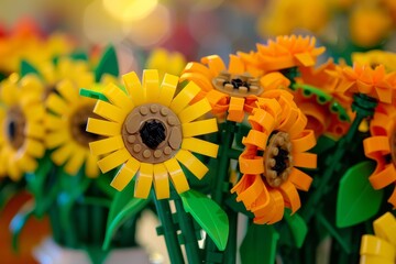 Fototapeta premium 200 LEGO bricks forming yellow and orange sunflowers in a vase with green leaves in LEGO style