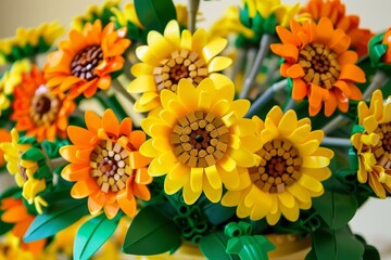 200 LEGO bricks forming yellow and orange sunflowers in a vase with green leaves in LEGO style
