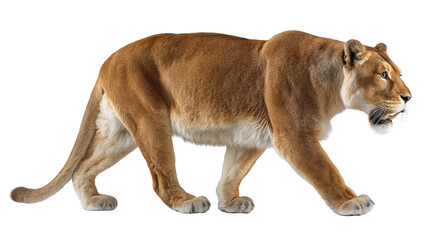 Obraz premium Majestic Lioness in the Wild: A powerful lioness strides confidently, showcasing her muscular form and regal presence, embodying the strength and grace of the African savanna.