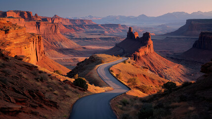 Naklejka premium A scenic desert canyon road at sunrise symbolizing adventure and travel freedom.