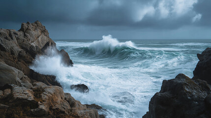 Fototapeta premium An energetic coastal scene with waves and rocky cliffs — ideal for strength and nature power themes.