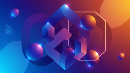 3D Abstract Geometric Background with Floating Spheres and Glowing Blue Purple Shapes