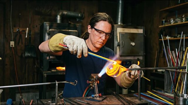 Inside artisan workshop for handmade glassblowing process, blowtorch transforms molten glass into delicate works of art