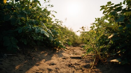 Obraz premium Dirt pathway cuts through dense green foliage under bright sunlight