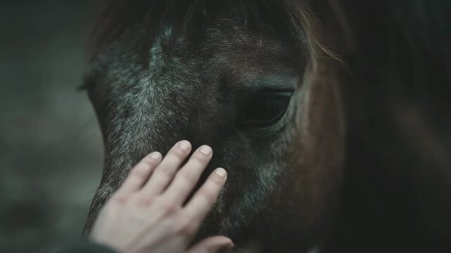 close up of a human hand gently touching a horse's face with a deep bond
