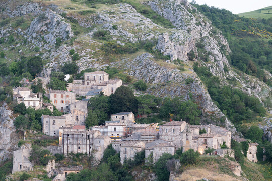 Ancient Italian village of Corvara nestled in Abruzzo mountainside