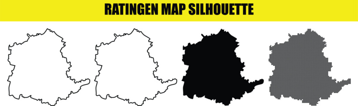 Ratingen map silhouette vector collection shows outline, filled black shape and dotted texture.