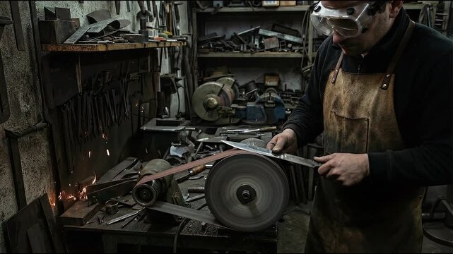 Complete handmade metalworking process of focused artisan craftsman for knife making, meticulous grind on steel creating shower of sparks
