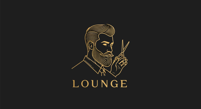 Elegant Gold Line Art Barbershop Lounge Logo with Stylized Man.