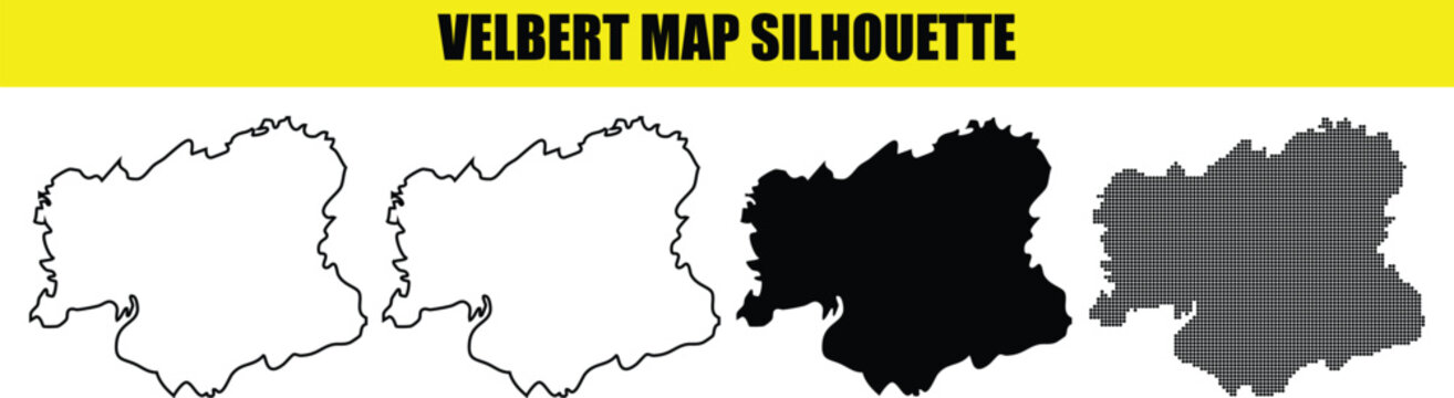 Velbert map silhouette vector design featuring four distinct graphical styles with black white outline and dot patterns
