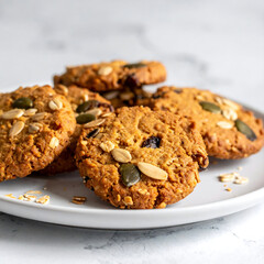 Fresh Oatmeal Cookies with Seeds on Plate