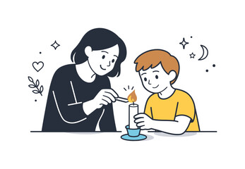 Passing traditions through  s. An adult helping a child light a candle during a family holiday, showing connection and shared