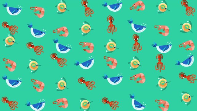 Repetitive underwater scene with shrimp, seal, octopus, and fish on a teal background. Suitable for marinethemed designs and projects.
