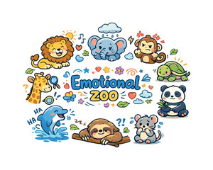 Fototapeta premium Emotional zoo. Hand drawn illustration of Emotional zoo. happy lion, sad elephant, angry
