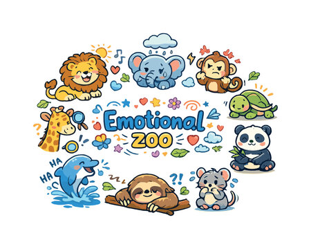   Emotional zoo. Hand drawn illustration of Emotional zoo. happy lion, sad elephant, angry