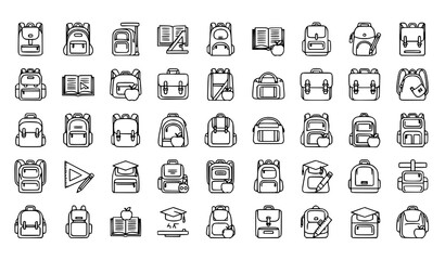 Fototapeta premium Outline school backpack and student bag line icon set