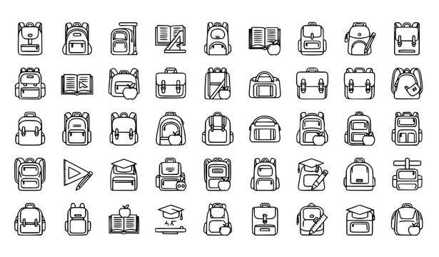 Outline school backpack and student bag line icon set