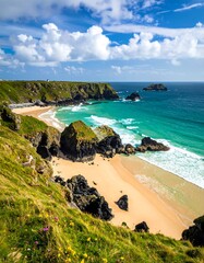 Sunny coastal scene with cliffside greenery, sandy beach, azure water, and scattered rock formations