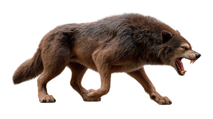 Fierce Wolf in Action: A powerful and assertive wolf, showcasing its strength and wild nature. The image captures the wolf in a moment of intensity, teeth bared in a display of primal aggression.