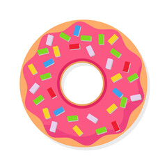 Flat vector donut with creamy glaze and chocolate decoration, colorful sweet pastry isolated on neutral background.
