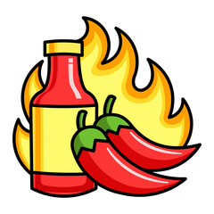 Spicy chili sauce bottle with red pepper and flame illustration isolated on light background.
