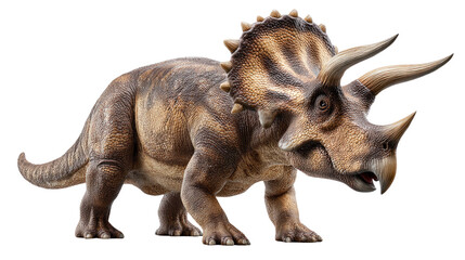 Fototapeta premium Triceratops in Detailed Profile: An imposing Triceratops stands proudly in profile, its iconic horns and frill on full display, offering a captivating glimpse into the prehistoric past.