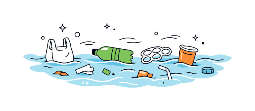 Ocean pollution. Floating plastic waste drifting in calm blue water, creating a quiet but alarming scene. Small abstract waves and debris