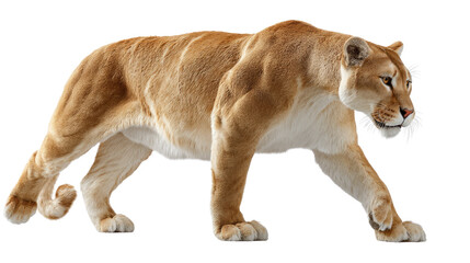 Obraz premium Majestic Mountain Lion in Action: A powerful mountain lion strides confidently, its muscular form a testament to its predatory prowess, showcasing the wild grace of the big cat.