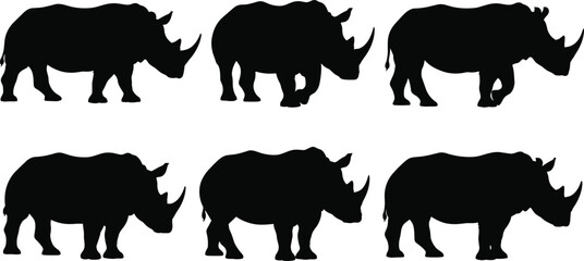 Rhinoceros silhouette collection in side view poses isolated on white background, powerful wild African safari animal vector set for logo and wildlife design © Motahar