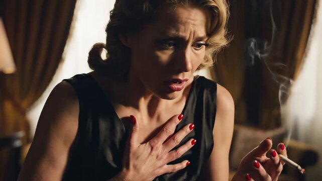 Woman shocked holding cigarette with hand on chest indoors