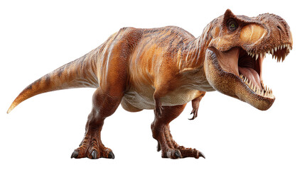 Fototapeta premium Tyrannosaurus Rex: A fierce Tyrannosaurus Rex roars with raw power, its prehistoric form radiating a captivating aura of primeval dominance.