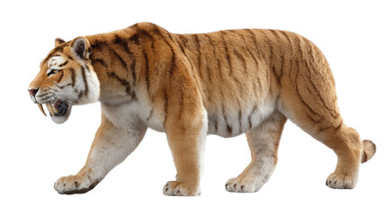 Obraz premium Saber-Toothed Tiger's Stroll: A majestic saber-toothed tiger strides confidently, showcasing its predatory prowess with its distinctive curved fangs and powerful physique.