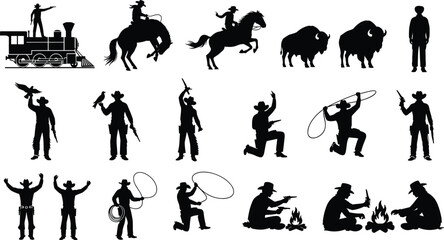 Wild west cowboy silhouette set with horse rider, lasso action, buffalo, steam locomotive, and campfire scenes isolated on white background for western design