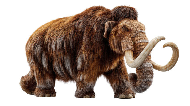 Ancient Woolly Mammoth Portrait: A detailed depiction of a majestic woolly mammoth, showcasing its massive size, thick fur, and iconic curved tusks, set against a pristine backdrop.