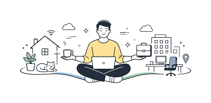 Remote and hybrid work adaptation. Employee balancing home and office symbols connected by smooth lines. Calm modern workplace scene showing