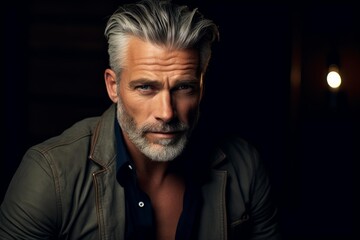 Obraz premium Mature man with stylish grey hair and beard looking at camera
