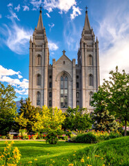 Historic Cathedral with Towers in a Sunny Park