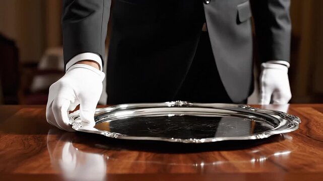 Waiter in white gloves placing empty silver tray on polished wooden table in luxury restaurant.